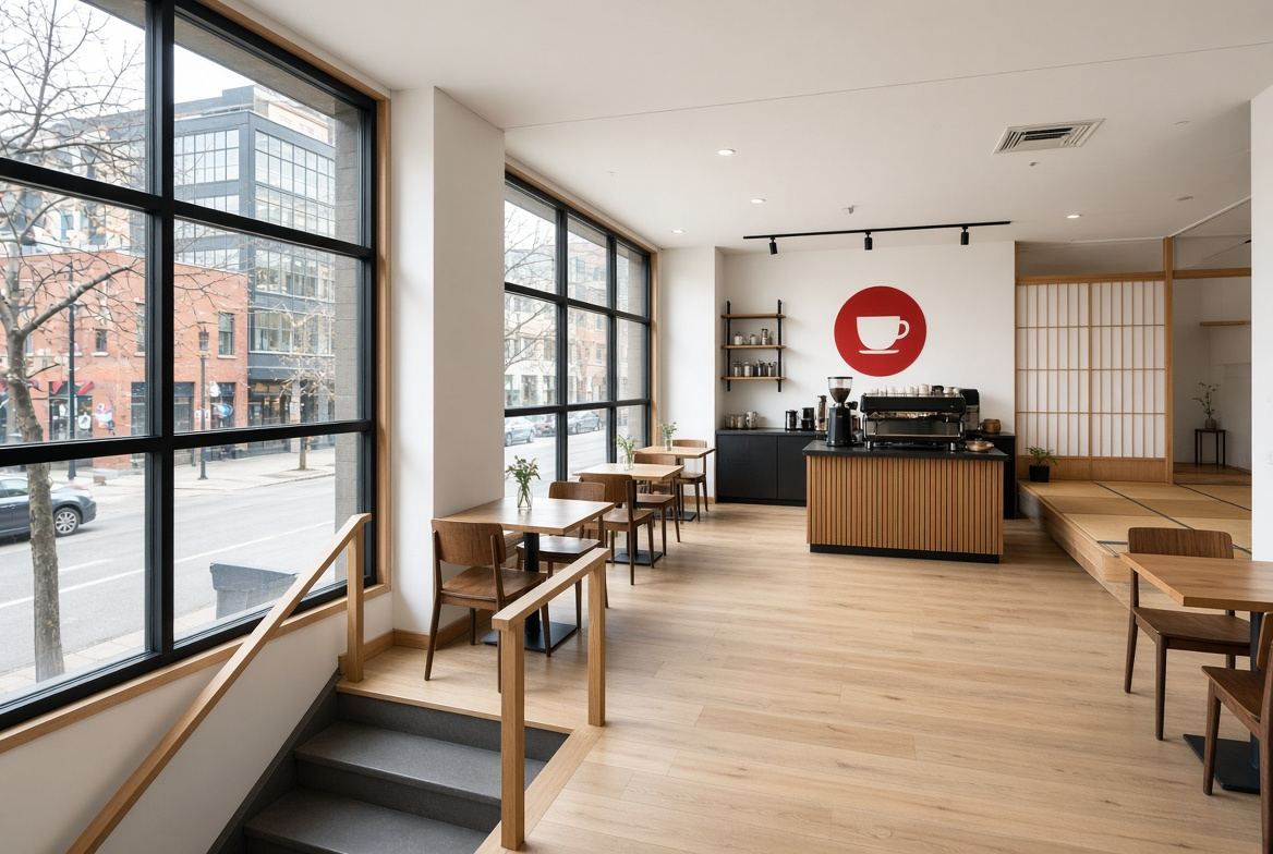Concept rendering of a bright café with wood tables, a coffee bar with a red cup logo, and a raised tatami area