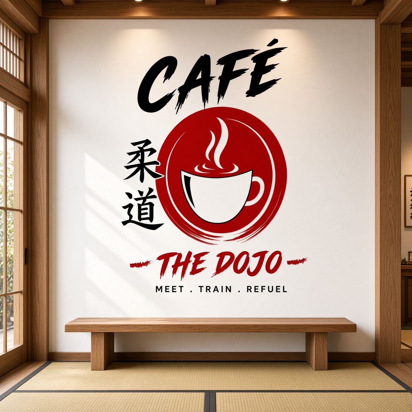Concept rendering of the Café The Dojo logo painted on a wall above a wooden bench and tatami floor